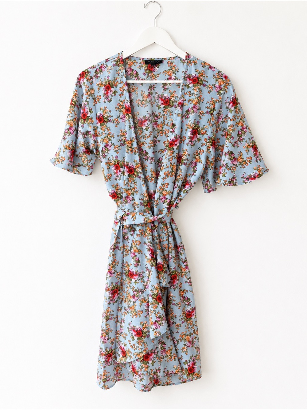 Topshop Light Blue Floral Kimono Robe with Tie